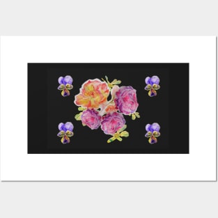 Shabby Chic Pink Rose on black floral Pattern Posters and Art